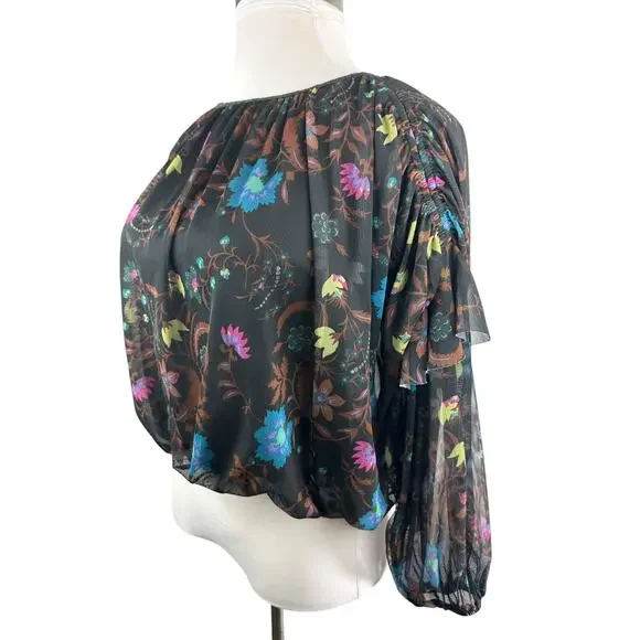 Free People Wildflower Honey Printed Blouse Black Multi Mesh Crop Top Small - Picture 14 of 15